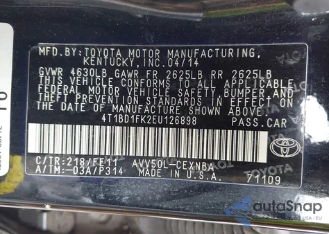 2014 Toyota Camry Hybrid Le из США, поврежденный, VIN 4T1BD1FK2EU126898